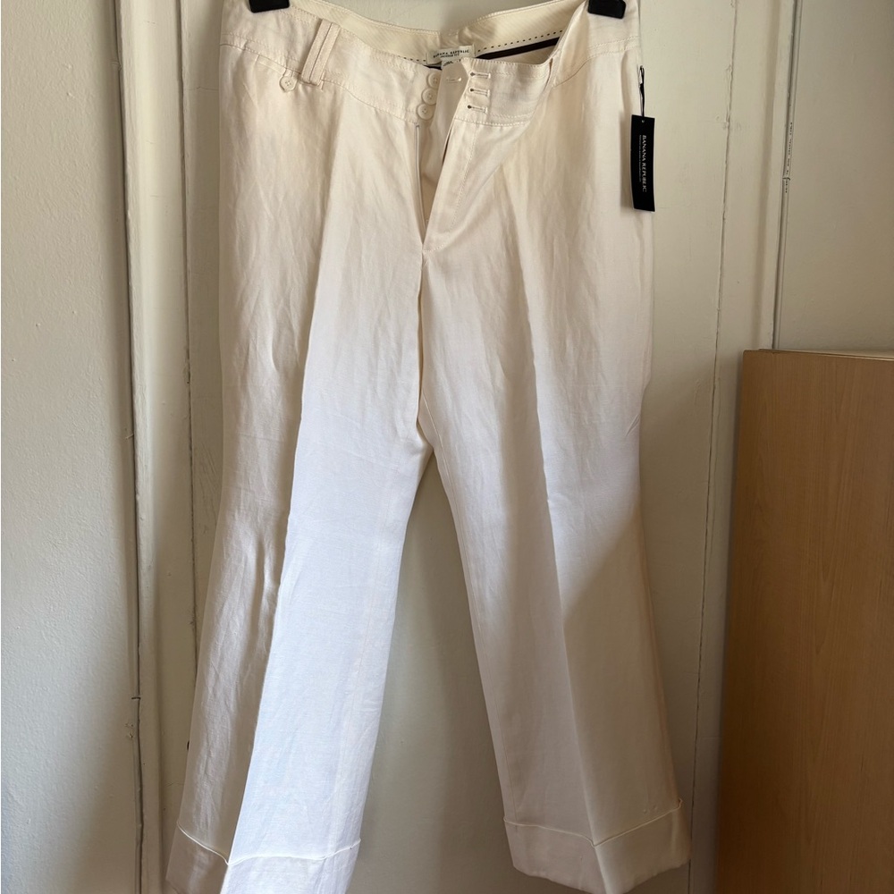 Banana Republic White Wide Leg Pants Jackson Fit Linen 61% Silk 39% Size 16S